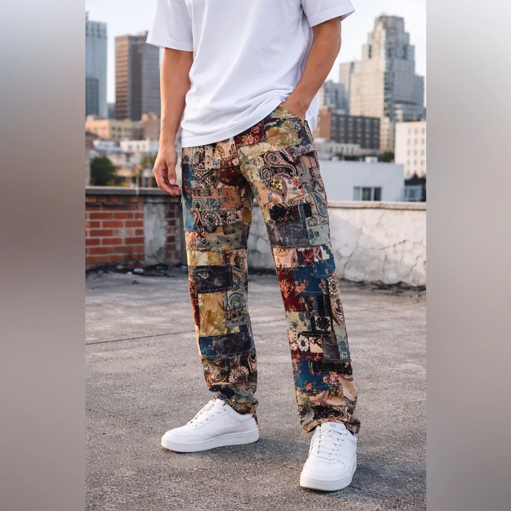 MNML Patchwork Tapestry Pants Men's Size 30 Paisley Boho Streetwear Straight Leg